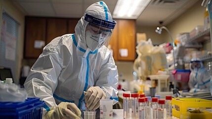 A healthcare worker in full protective gear performing a virus test on a patient, highlighting the safety measures and protocols in place.