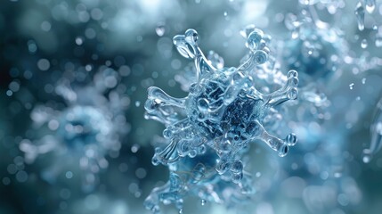 A conceptual image of a virus particle dissolving in a medical solution, symbolizing the effectiveness of treatments or vaccines.