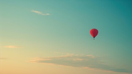Obraz premium Solitary hot air balloon in vast sky during early morning light, with copy space