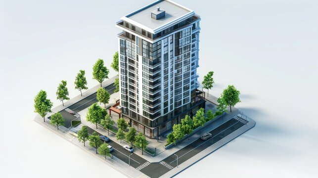 Architectural concept of a modular isometric high-rise building design.