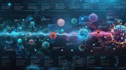 A visual timeline of a virus outbreak, showing key events and milestones in the progression and response to the virus.