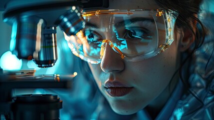 A scientist analyzing virus samples under a powerful microscope, with a close-up view of the equipment and the scientist's focused expression.