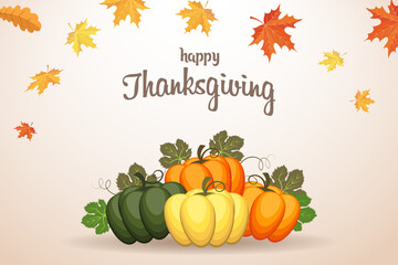 Thanksgiving illustration. Composition of pumpkins and autumn leaves with a congratulatory text. Postcard, vector