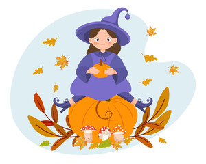 Naklejka premium Halloween illustration, cute little cartoon witch sits on a pumpkin and autumn leaves. Children's print, vector