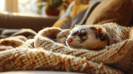 A pet ferret snuggled up with its owner on a comfortable couch, the soft lighting and warm blankets creating a peaceful and intimate atmosphere. Captured with a DSLR, wide-angle view, soft lighting,