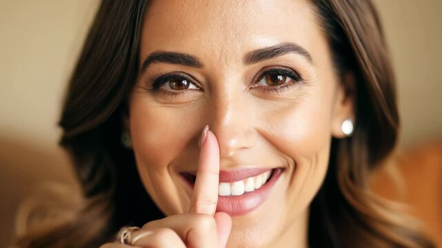 The Whisper of a Smile: A playful brunette woman with captivating brown eyes smiles mischievously as she playfully holds a finger to her lips, inviting a shared secret.