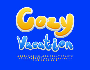Vector touristic flyer Cozy Vacation. Playful Yellow Font. Funny Artistic Alphabet Letters and Numbers set.