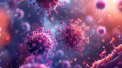 Fototapeta premium A close-up of virus particles being neutralized by antibodies, shown in a colorful and detailed illustration style.