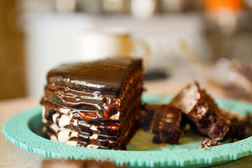 Close-up of a piece of chocolate cake.