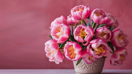 Beautiful bunch of peony style tulips in a pot on the dusty pink background