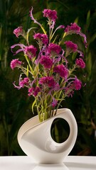Wild purple flowers in white modern vase on green background