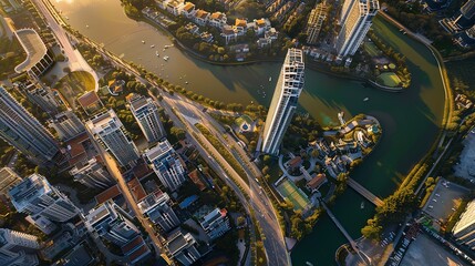 Aerial View of Modern Cityscape With River and Green Spaces at Sunset