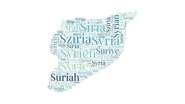Syria shape word cloud animation. Country boundary filled with country names animated. Syria presentation video.