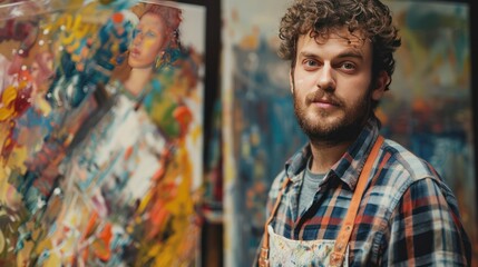 Close-up confident portrait of an artist showcasing a finished painting.
