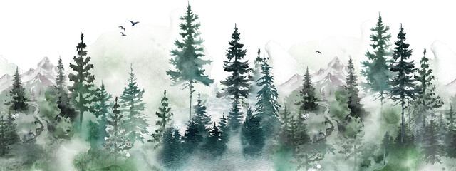 Forest seamless border. Foggy forest and mountains landscape watercolor illustration. Wild nature abstract graphic isolated on transparent background PNG © Nataliya Kunitsyna