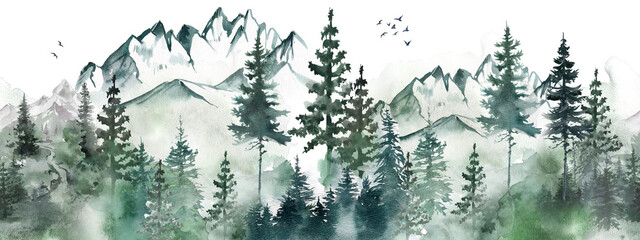 Forest seamless border. Foggy forest and mountains landscape watercolor illustration. Wild nature abstract graphic isolated on transparent background PNG © Nataliya Kunitsyna