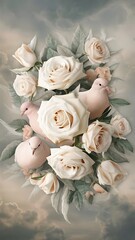 Different flowers roses white and rose doves outline focus background