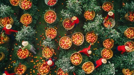 Drone Capture of Harvest Season: Workers Picking Apples in Orchards, Fruit-laden Baskets, Autumn Bounty