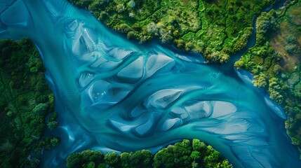 Aerial Panorama of River Delta: Intricate Waterways and Natural Beauty, Deltaic Ecosystems, Copy Space