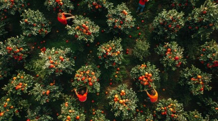 Drone Capture of Harvest Season: Workers Picking Apples in Orchards, Fruit-laden Baskets, Autumn Bounty