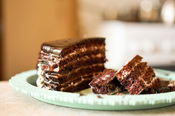 closeup of piece of chocolate cake with a liquid topping