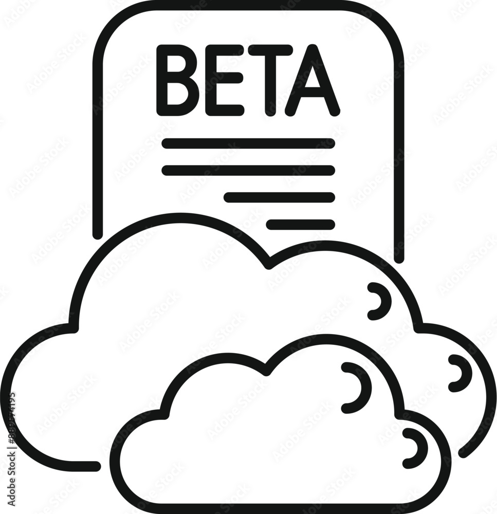 Poster beta version document is floating above the clouds, representing software testing and development us