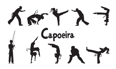 Set of black silhouettes of people playing Capoeira the Brazilian sport. Isolated on transparent background.