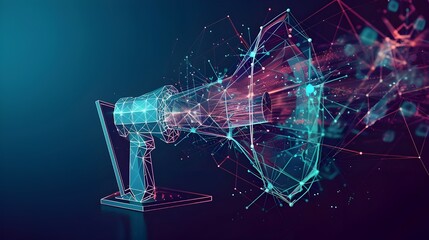 Digital marketing low poly wireframe illustration. Polygonal online notification, Internet targeted advertisement mesh art. 3D laptop and megaphone with connected dots. Promotional campaign