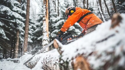 A man in an orange jacket is cutting a tree with a chainsaw
