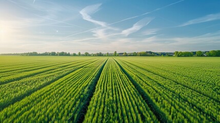Golden Harvest: Aerial View of Lush Green Wheat Field Ready for Harvest Under Clear Blue Sky, Copy Space