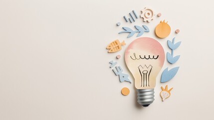 Creative light bulb concept with colorful paper cutouts, symbolizing innovation and new ideas on a light background.