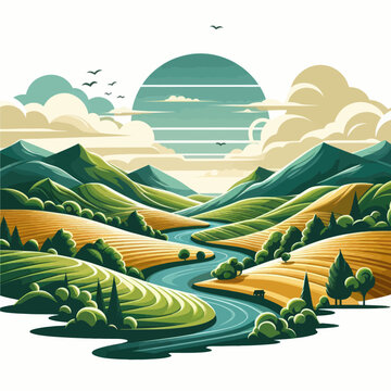  vector of landscape with rolling hill and trees  mountains and clouds