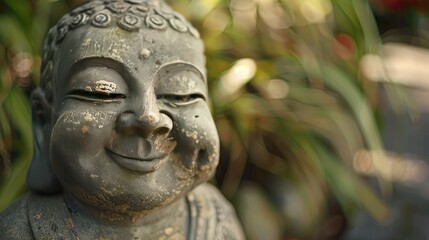 A close-up of a Buddha statue's smile, radiating peace and contentment.