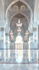Fototapeta premium Blurred Muslim mosque interior with no people, classical interior, light colors, background, wallpaper