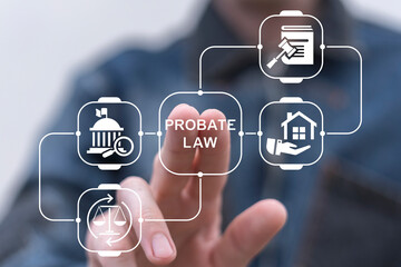 Man working on virtual touch screen presses inscription: PROBATE LAW. Concept of probate law....