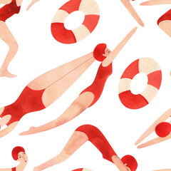 An athlete, a woman in a red swimsuit and a red cap is swimming. Seamless watercolor pattern, hand drawn. White background.