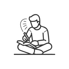 man writing on the book while sitting in minimalist line art icon logo symbol