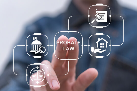 Man working on virtual touch screen presses inscription: PROBATE LAW. Concept of probate law. Probate Wealth House Estate. Inheritance of property by court decision.