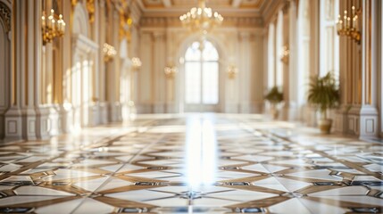 Obraz premium Modern luxurious blurred palace interior with no people, advertising, background, wallpaper, space for text