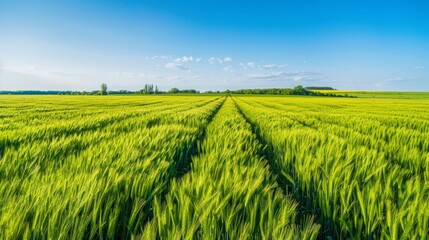 Golden Harvest: Aerial View of Lush Green Wheat Field Ready for Harvest Under Clear Blue Sky, Copy Space