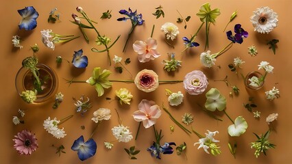 Flat lay composition with different beautiful flowers on beige background