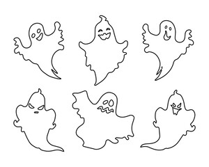 Ghost outline icons set, halloween ghosts. Festive decor elements, vector