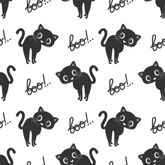 Halloween seamless pattern, black cats and the word Boo. Background, print, textile, vector