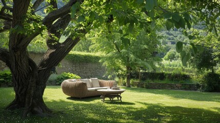wicker sofa and low table located under the shade of a large tree in a large garden generative ai