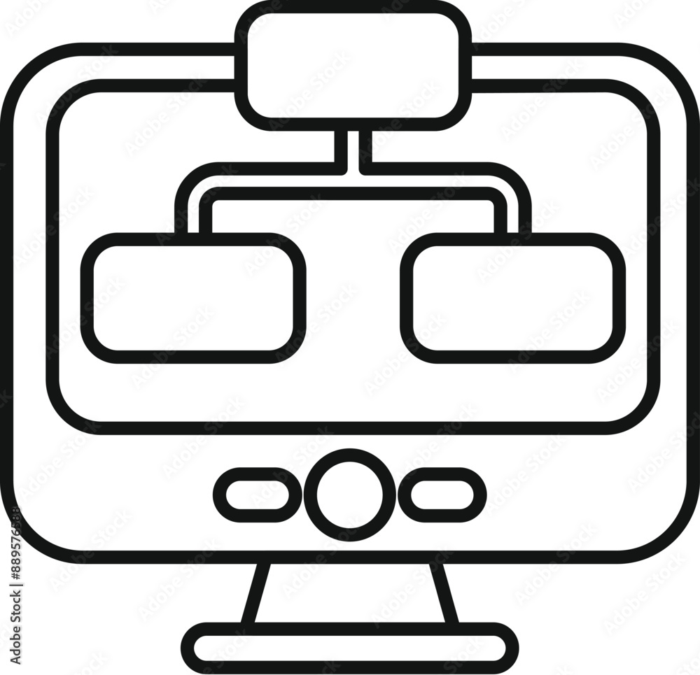 Poster simple, clear line icon of a computer monitor displaying a flowchart, representing data analysis