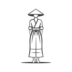 Vietnamese Woman in Traditional Conical Hat and Ao Dai-Inspired Robe, Line Art Illustration