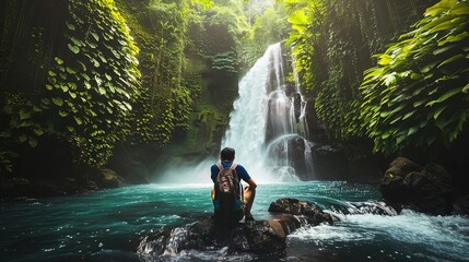 Fototapeta premium Man Contemplating Lush Waterfall in Tropical Rainforest