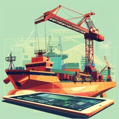 Nautical Blueprint: Cartoon-Style Tablet Lying with Shipbuilding Diagram and Crane Constructor.