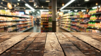 Wooden Tabletop Against Blurred Supermarket Interior