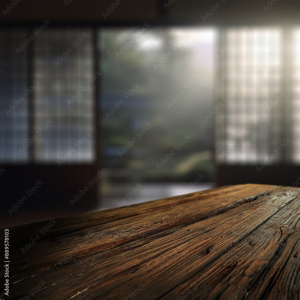 Wall mural empty wooden table background and window with copy space for products. natural window light in home 